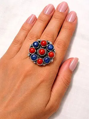 Adjustable Sterling Silver Ring with Round Cut Coral and Lapis Lazuli