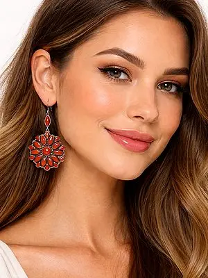 Floral Design Coral Stone Sterling Silver Earrings