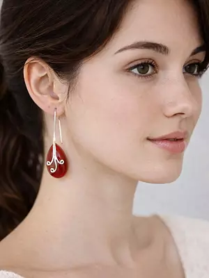 Long Wire Drop Sterling Silver Earrings with Teardrop Coral Stone