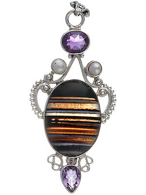 Agate Oval Pendant with Faceted Amethyst and Pearl