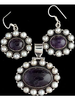 Amethyst Pendant with Pearl Border and Matching Earrings Set