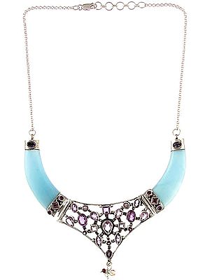 Blue Chalcedony Necklace with Amethyst and Iolite
