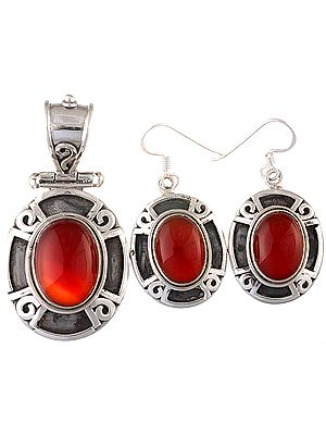 Carnelian Oval Pendant with Earrings Set