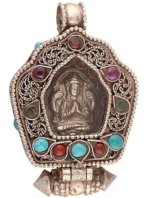 Chenrezig Gau Box Pendant with Filigree, Coral, Turquoise, Emerald and Pink Tourmaline