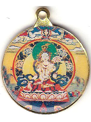 Double-sided Pendant of Goddess White Tara at Front and The Ten Powerful Syllables of The Kalachakra Mantra on Reverse with Red Cord