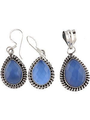 Faceted Blue Chalcedony Pendant with Matching Earrings Set