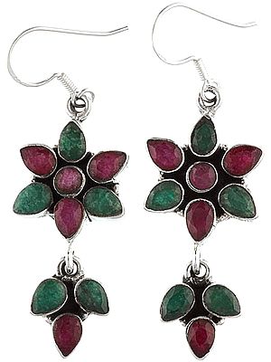 Faceted Emerald and Ruby Flower Earrings