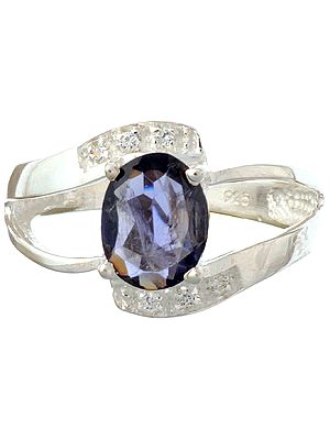 Faceted Iolite Oval Ring with CZ
