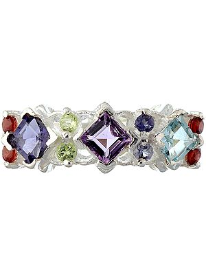 Fine Faceted Gemstone Ring (Garnet, Iolite, Amethyst and Blue Topaz)