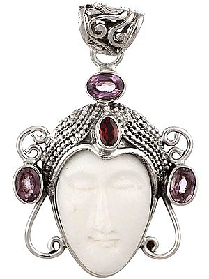 Goddess White Tara Face Pendant (Carved in Stone with Amethyst and Garnet)