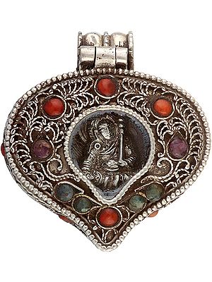 Guru Padmasambhava Gau Box Pendant with Coral, Emerald and Filigree