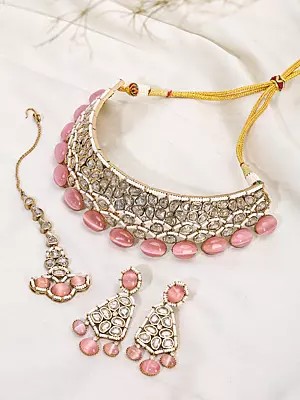 Pink Oval Stone Studded Kundan Bridal Choker Necklace Set with Earrings and Maang Tikka