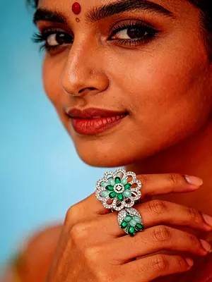 Dual Floral Design American-Diamond Stone Studded Adjustable Ring