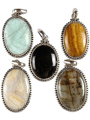 Lot of Five Gemstone Oval Pendants (Green Fluorite, Tiger Eye, Black Onyx, Picture Jasper and Labradorite)