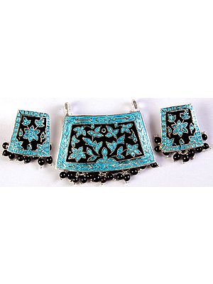 Meenakari Pendant with Black Onyx Dangles and Matching Earrings Set
