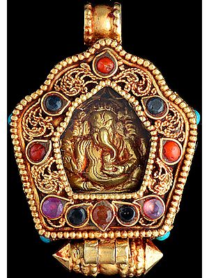 Lord Ganesha Amulet Box Gold Plated Pendant with Coral, Black Tourmaline, Ruby and Turquoise