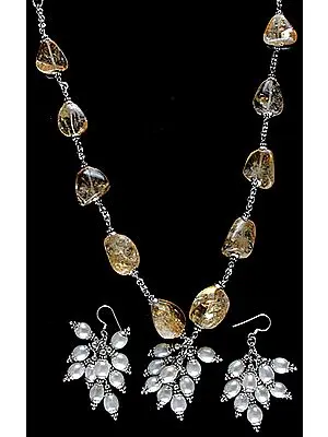 Citine Nuggets Necklace with Pearl and Earrings Set