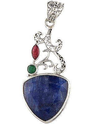 Faceted Blue Sapphire Pendant with Ruby and Emerald