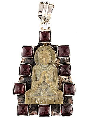 Preaching Buddha Pendant (Carved in Gray Stone from Bihar with Labradorite)