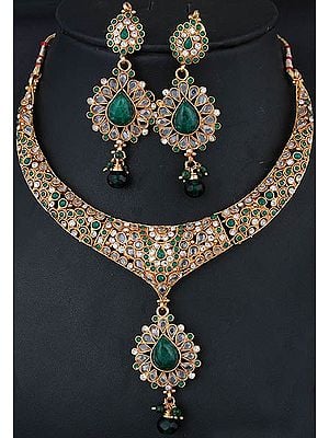 Green Polki Necklace and Earrings Set with Faux Emerald