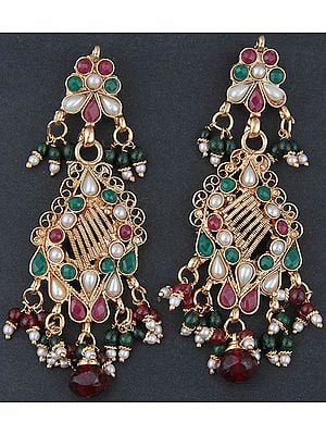 Polki Earrings with Faux Ruby, Emerald and Pearl