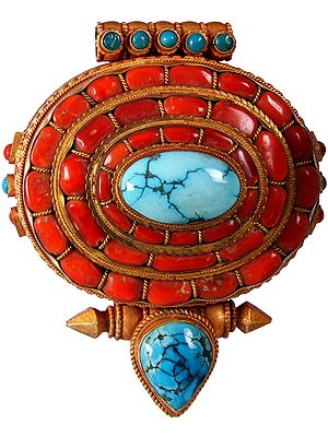 Tibetan Gau Box Pendant with Coral and Turquoise