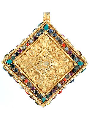 Tibetan Gold Plated Gau Box Pendant with  Gemstones (Turquoise, Lapis Lazuli, Coral, Amethyst, Ruby and Pearl)