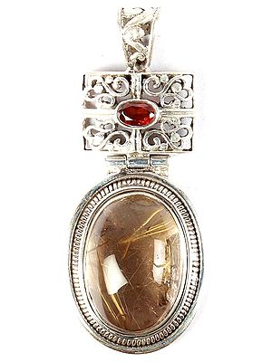 Rutilated Quartz Oval Pendant with Garnet