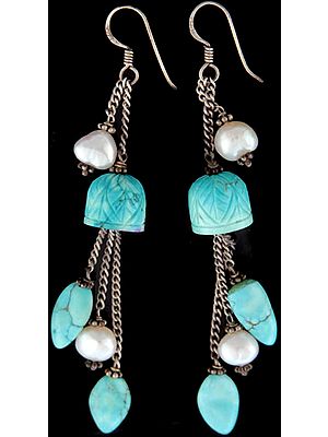 Carved Turquoise Shower Earrings with Pearl