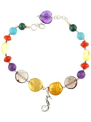 Gemstone Bracelet with Seahorse Charm (Malachite, Turquoise, Carnelian, Amethyst, Smoky Quartz, Pearl and Yellow Chalcedony)