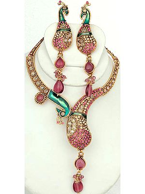 Stylized Pink Peacock Necklace with Earrings