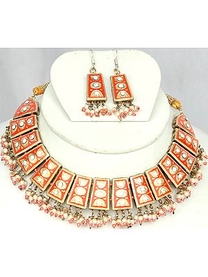 Orange Meenakari Necklace Set with Dangling Beads