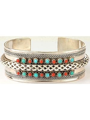 Turquoise and Coral Cuff  Bracelet