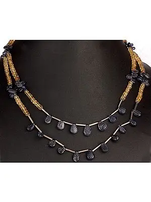 Faceted Citrine Beaded Necklace with Carved Iolite
