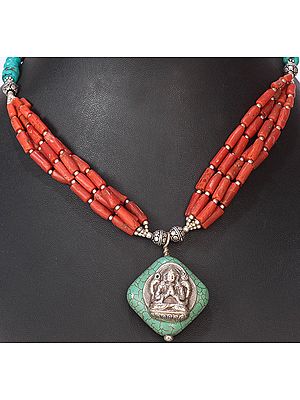 Coral and Turquoise Beaded Necklace with Chenrezig Pendant