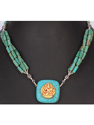 Turquoise Beaded Necklace with Goddess Saraswati Pendant