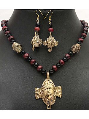Lord Ganesha Tribal Necklace and Earrings Set with Faux Coral and Black Stone