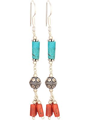 Turquoise and Coral Tube Earrings