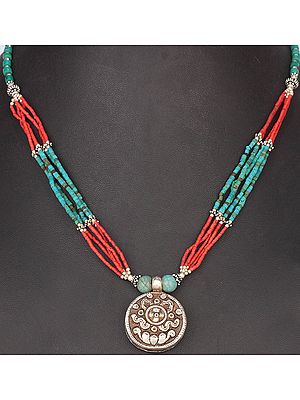 Lotus (Ashtamangala) Turquoise and Coral Necklace