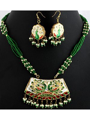 Green Bridal Necklace Set with Peacock Pair