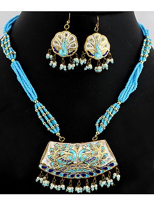 Turquoise Color Beaded Necklace Set with Peacock Pair