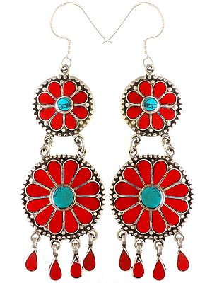 Enameled Flower Earrings with Turquoise