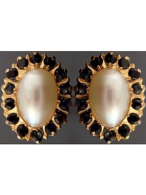 Pearl Post Earrings with Black Spinel