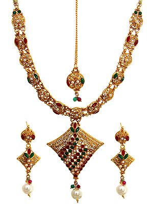 Tri-Color Polki Necklace and Earrings Set with Mang Tika