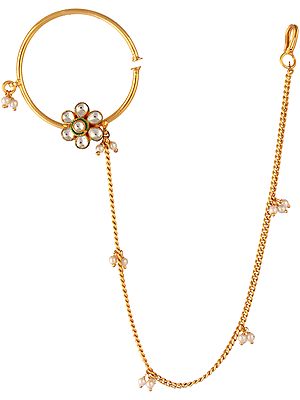 Kundan Bridal Nath with Faux Pearl (Nose Chain)