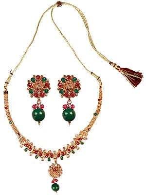 Faux Ruby and Emerald Necklace with Earrings Set