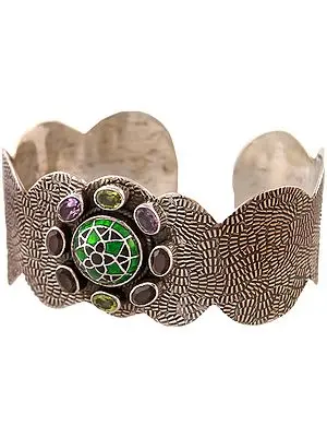 Three Gemstones Cuff Bracelet with Meenakari