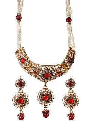 Garnet-Red Polki Necklace Set with Faux Pearl