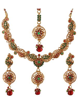Designer Paisley Necklace Set with Faux Ruby and Emerald
