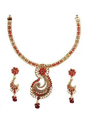 Garnet-Red Polki Necklace Set with Faux Pearl and Designer Paisley Pendant